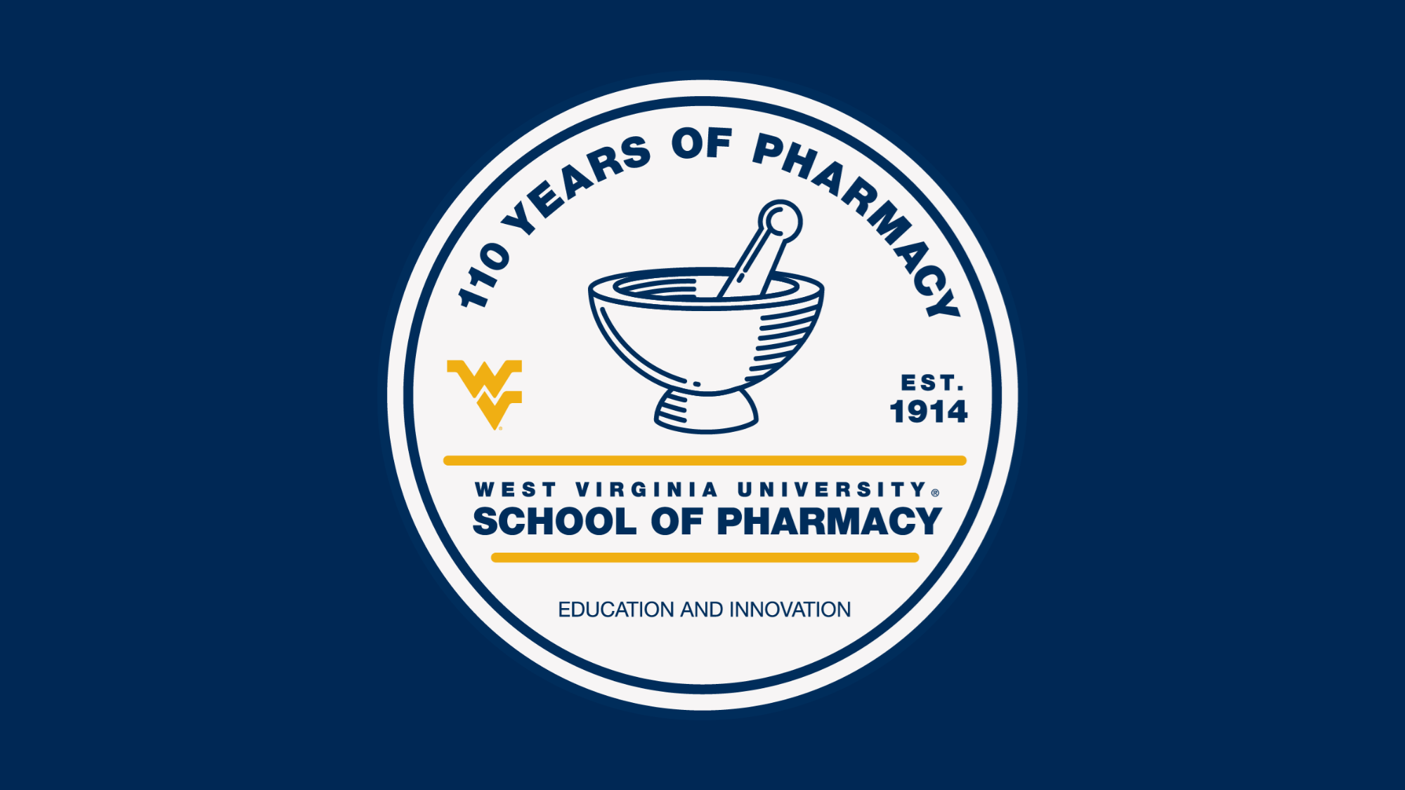 A blue graphic with the School of Pharmacy’s 110th Anniversary logo, which is blue, white and gold.